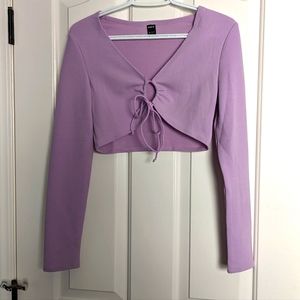 Lavender Purple Tie Up Crop Top with Long Sleeves